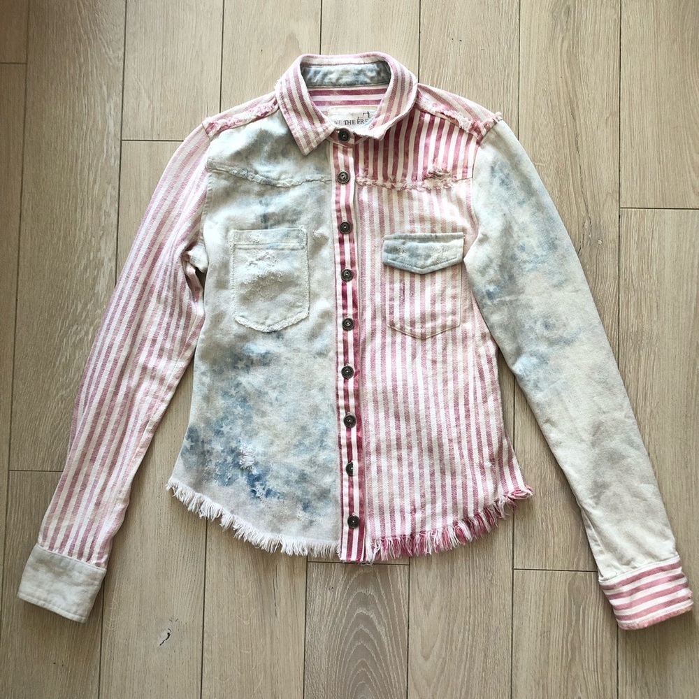 Free People We The Free Americana Distressed Button Down Shirt Size XS